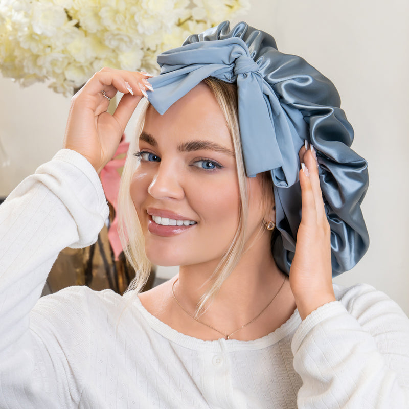 Blissy Bow Bonnet - Ash blue - Blissy Ash Blue Silk Blissy Bow Bonnet Detail ā