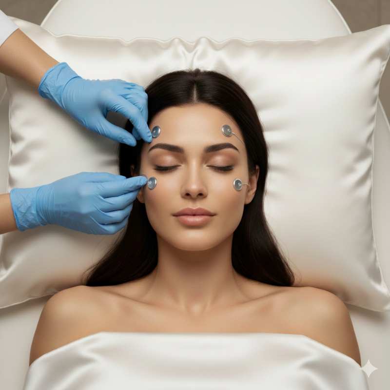 Woman receiving facial treatment with electrode patches on a satin pillowcase