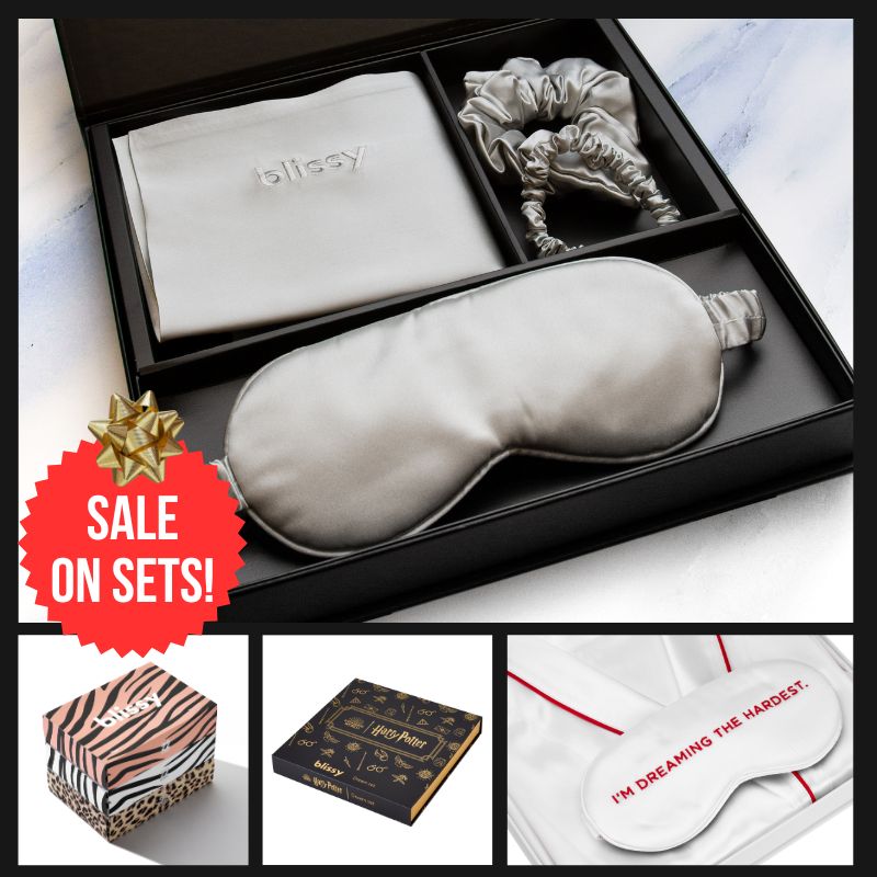 Blissy silk gift set with pillowcase, scrunchies, and mask — limited edition holiday sale