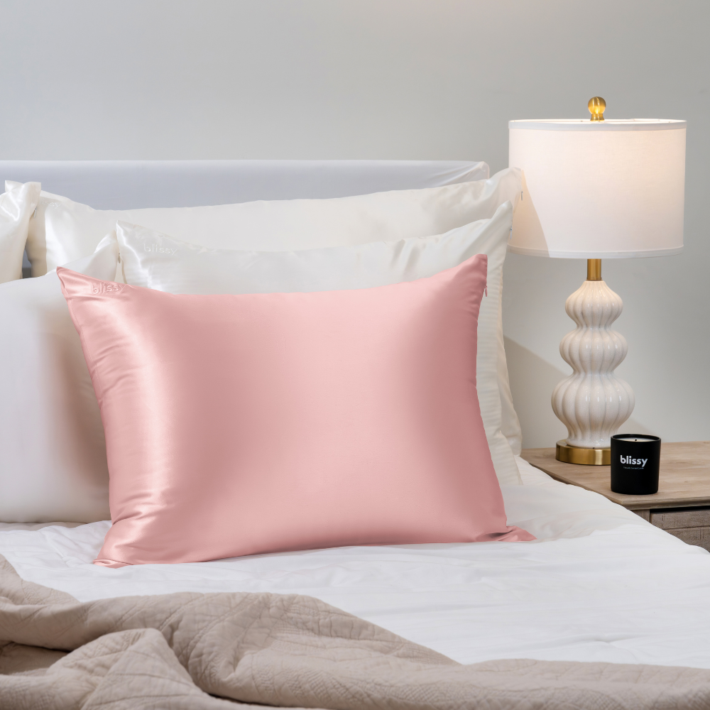 Blissy Standard Pink Pillowcase Lifestyle – Mulberry Silk