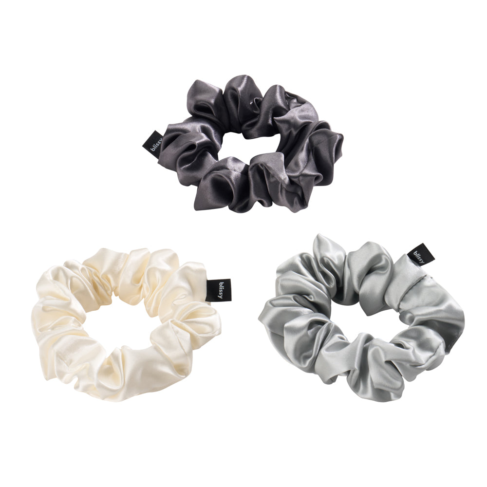 Blissy White, Gray, Silver Blissy Scrunchies Lifestyle – Mulberry Silk