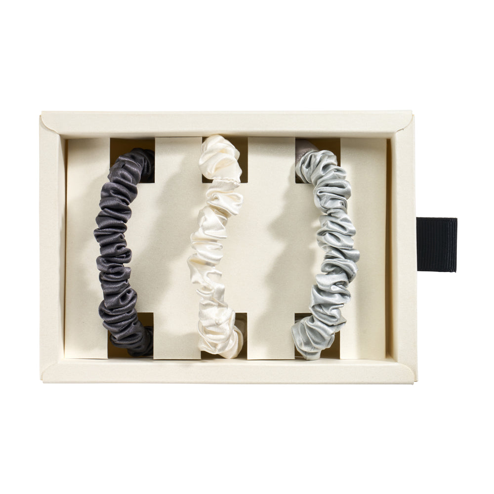 White, Gray, Silver Mulberry Silk Blissy Skinny Scrunchies – Blissy
