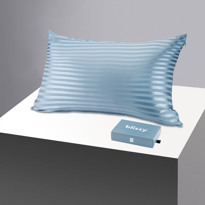 Pillowcase - Ash Blue Striped - Queen - Blissy King Ash Blue Striped Pillowcase – 22 Momme Mulberry Silk, 100% Silk