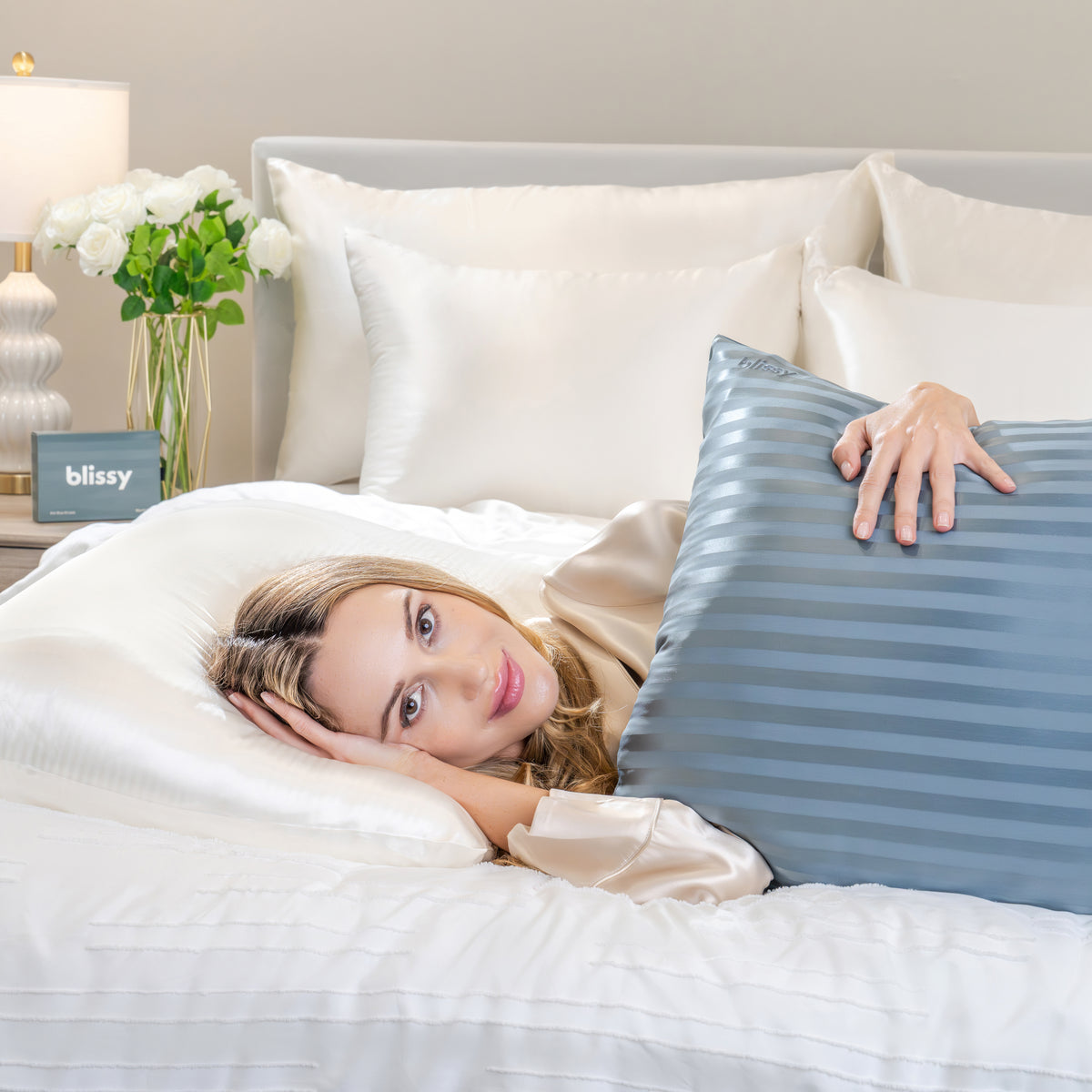 Blissy Ash Blue Striped Silk Pillowcase Detail – King