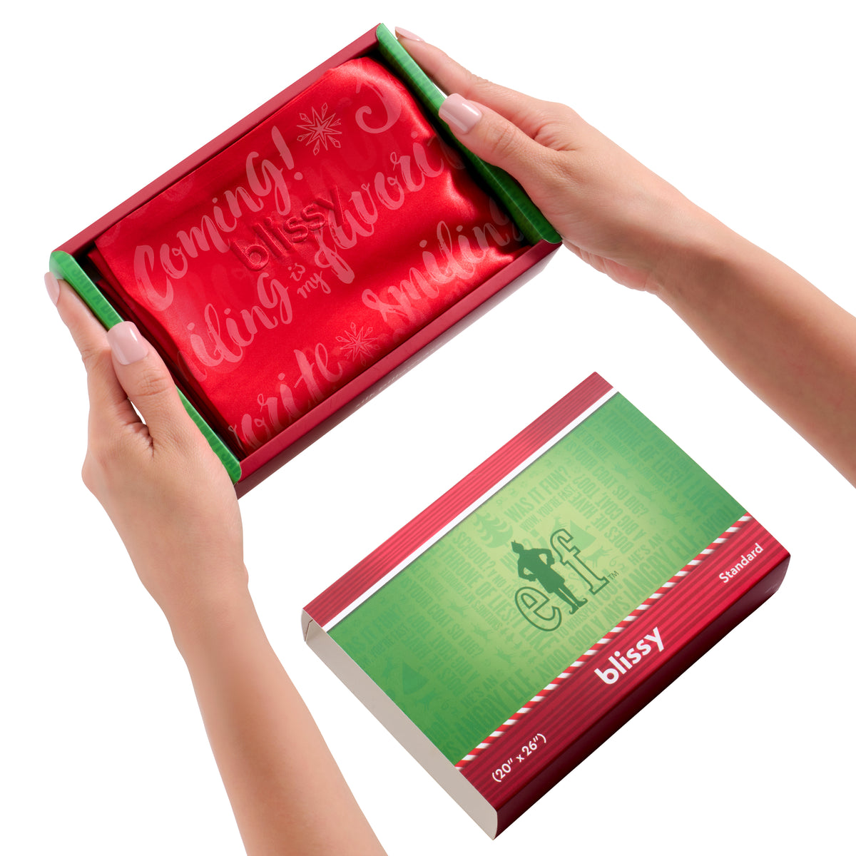 Elf “Santa Is Coming!” Pillowcase Close-Up – Blissy 22 Momme Silk