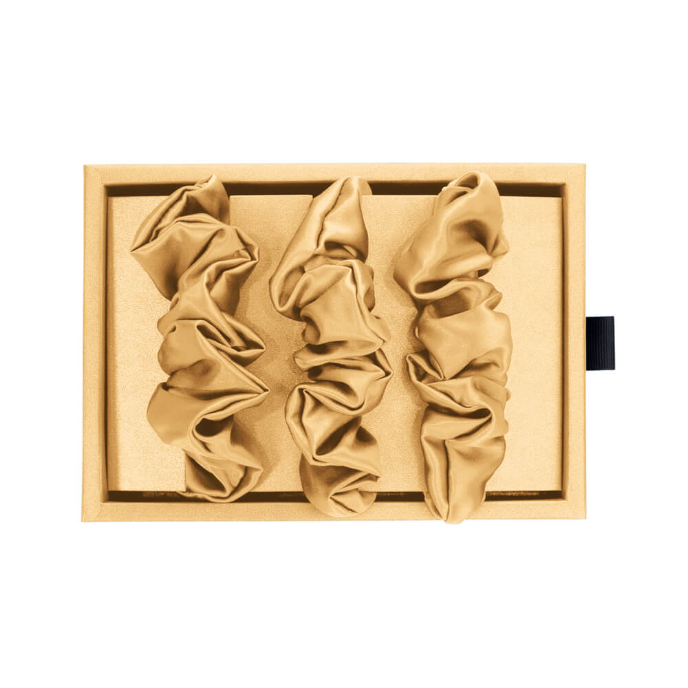 Gold Blissy Scrunchies Close-Up – Blissy 22 Momme Silk