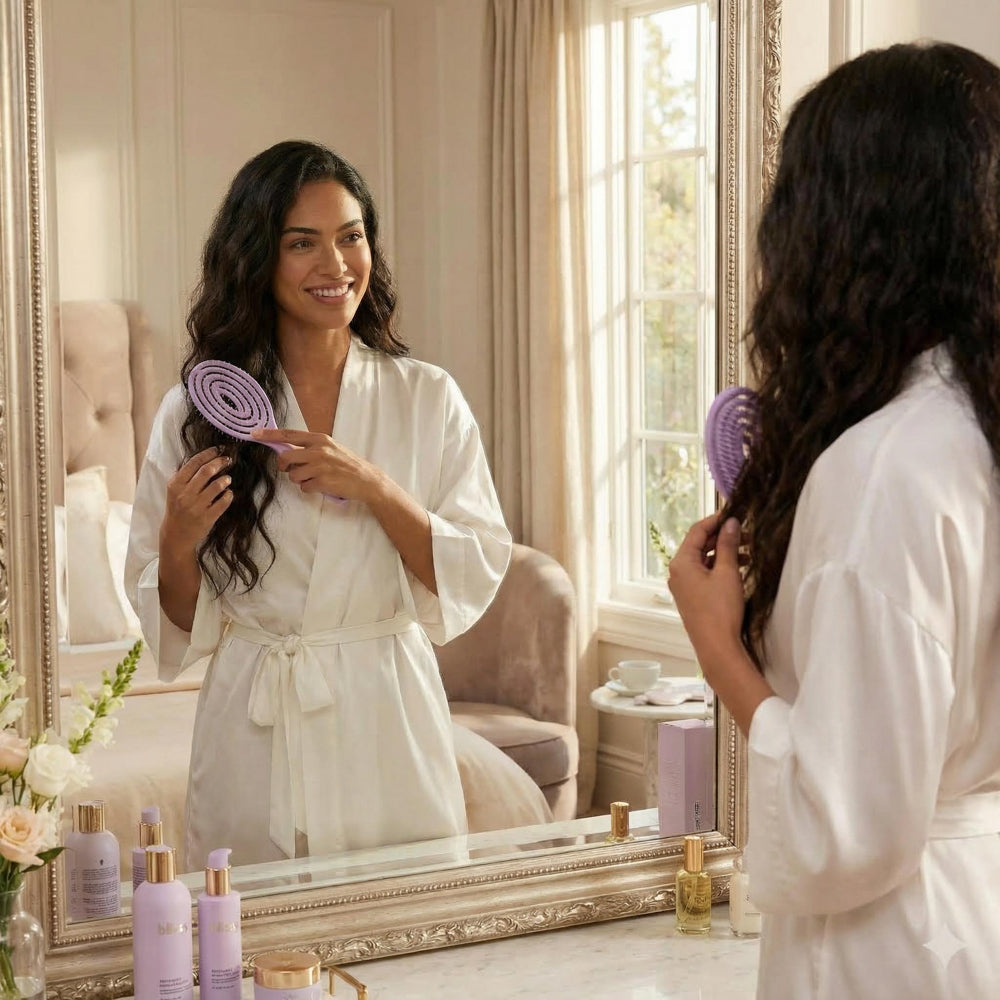 Lavender Blissy Detangling Brush Close-Up – Blissy 22 Momme Silk