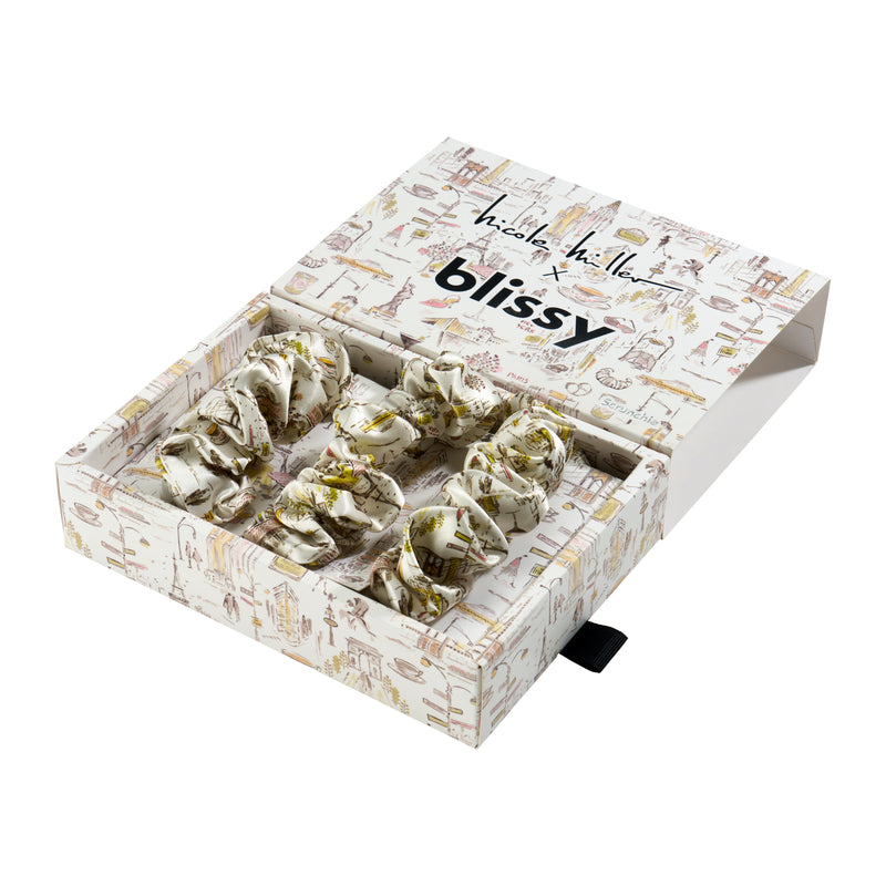 Blissy Scrunchies - Nicole Miller NY to Paris - Blissy Nicole Miller Ny To Paris Blissy Scrunchies – 22 Momme Mulberry Silk, 100% Silk