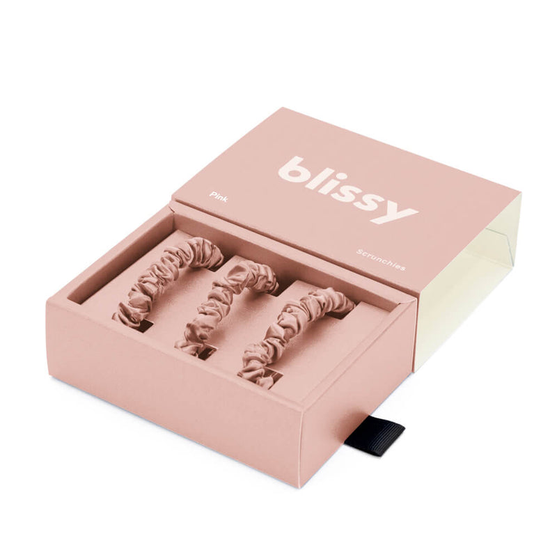 Blissy Skinny Scrunchies - Pink - Blissy 100% Mulberry Silk Hair Ties Silk Blissy Silk Skinny Scrunchies (3-Pack) Detail –