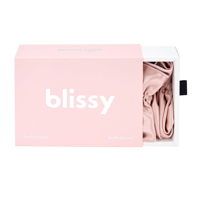 Blissy Ruffle Bonnet - Pink/White - Blissy Pink/White Ruffle Bonnet – 22 Momme Mulberry Silk, 100% Silk
