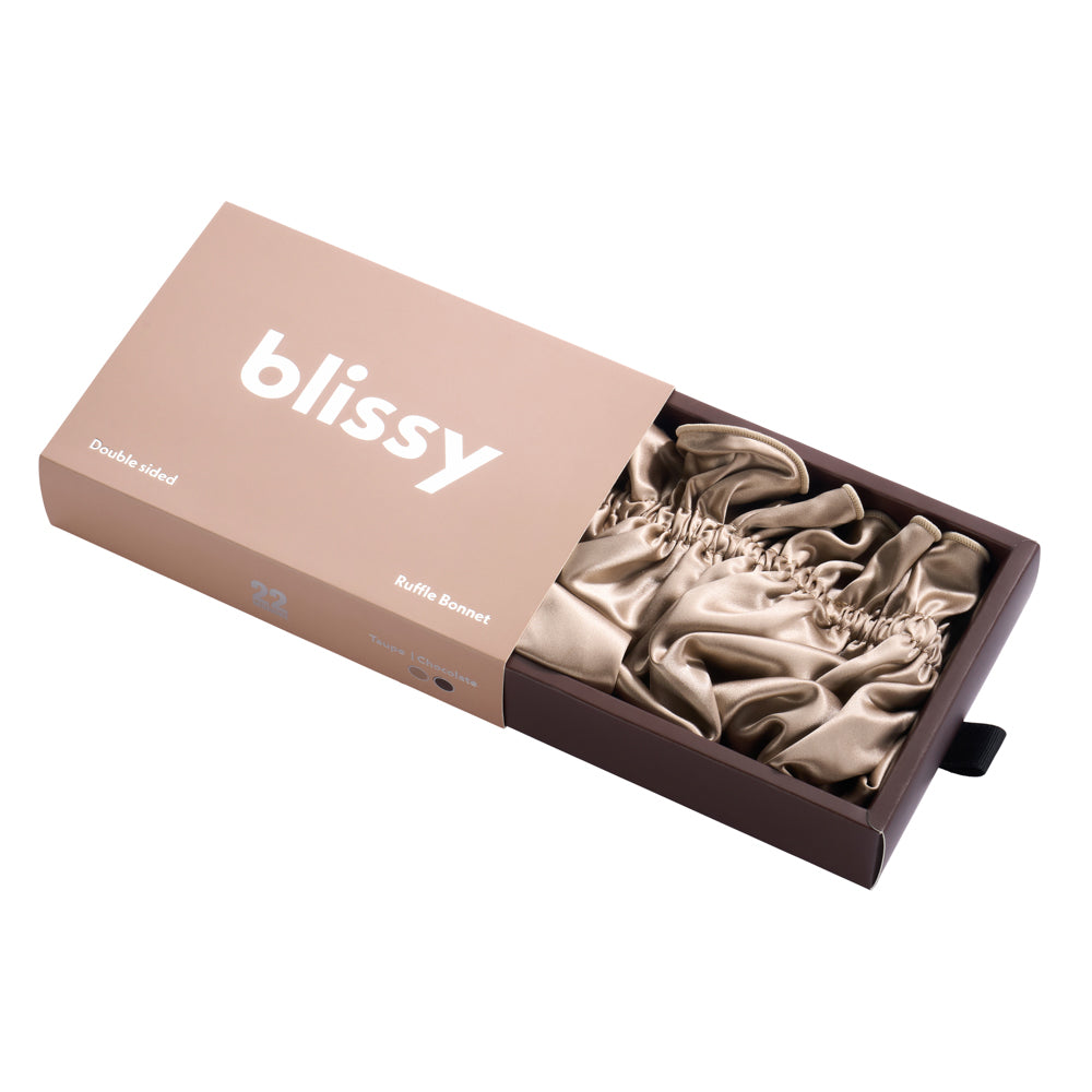 Blissy Taupe/Chocolate Ruffle Bonnet – 22 Momme Mulberry Silk, 100% Silk
