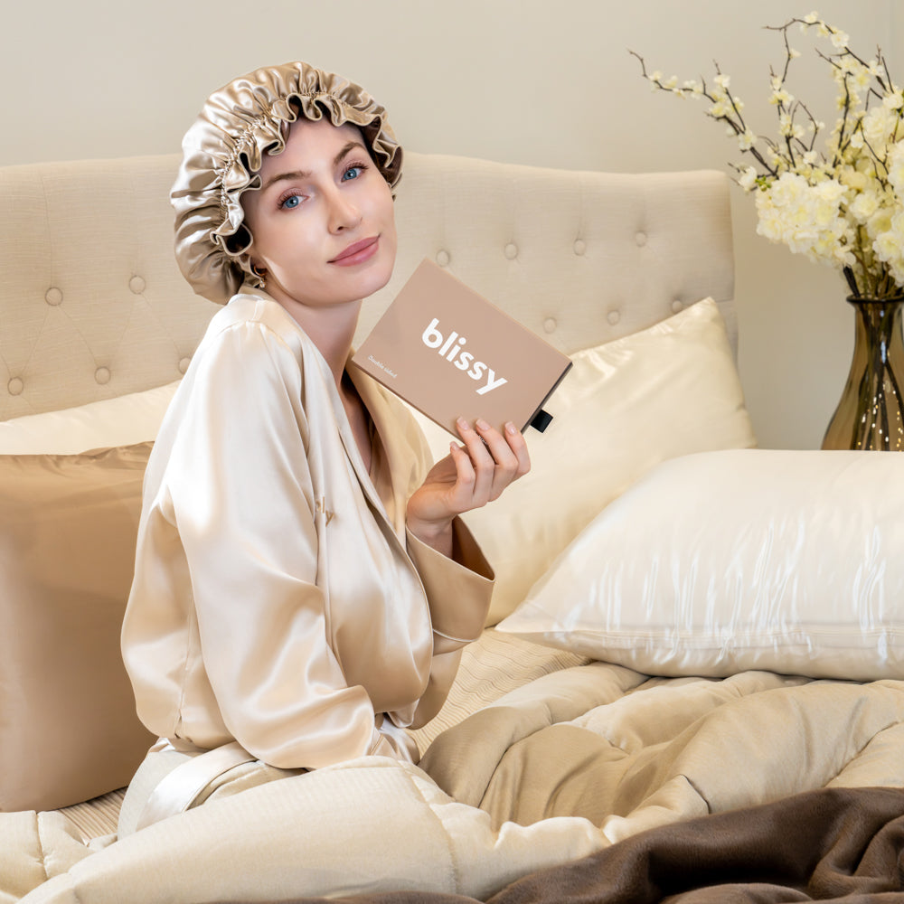 Blissy Taupe/Chocolate Ruffle Bonnet – 22 Momme Mulberry Silk, 100% Silk – Lifestyle