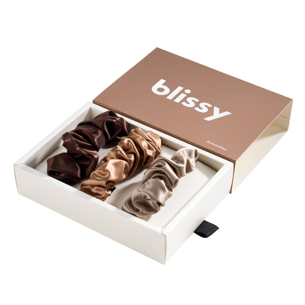 Blissy Taupe, Cinnamon, Brown Blissy Scrunchies – 22 Momme Mulberry Silk, 100% Silk
