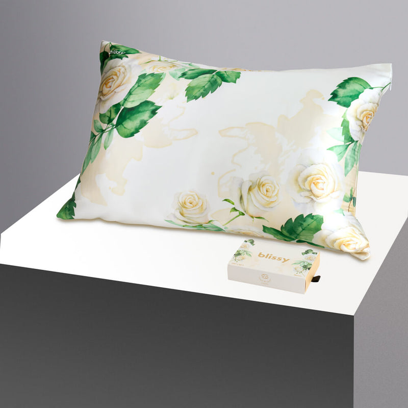 Pillowcase - Zodiac Flower - Cancer White Rose - Queen - Blissy Queen Zodiac Flower Pillowcase – 22 Momme Mulberry Silk, 100% Silk