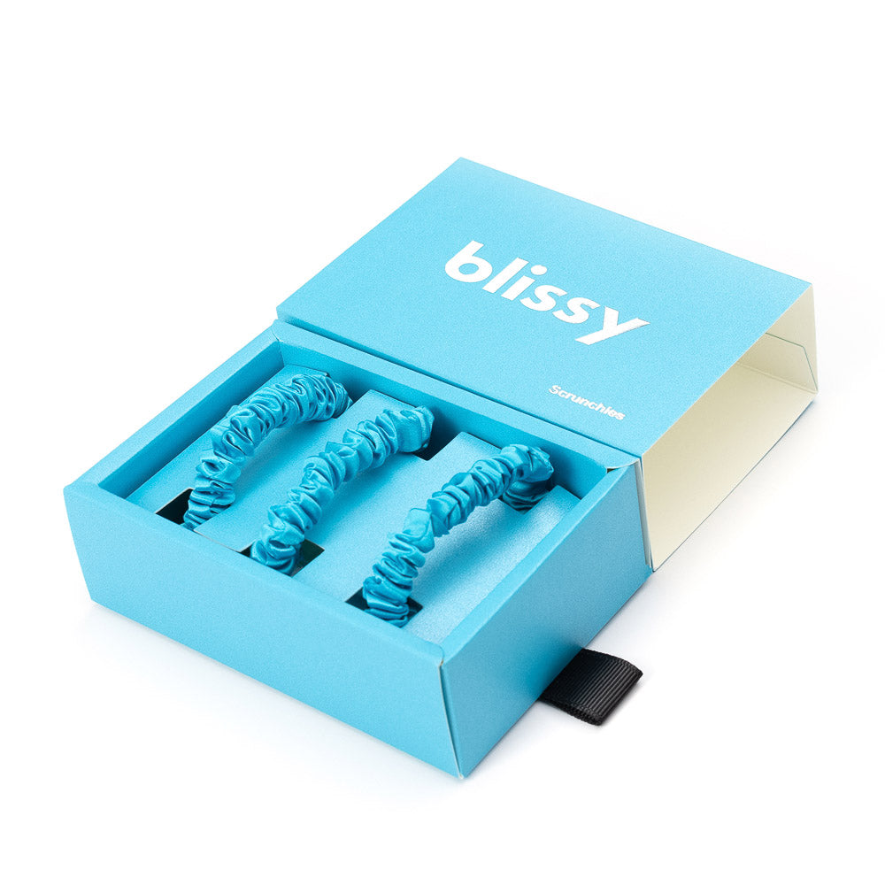 Blissy Bahama Blue Blissy Skinny Scrunchies – 22 Momme Mulberry Silk, 100% Silk