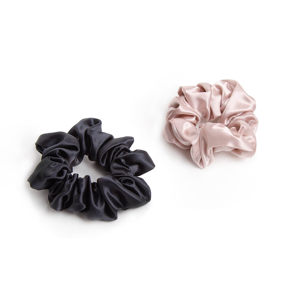 Black, White, Pink, Tie-Dye Blissy Scrunchies 9-Piece Set Close-Up – Blissy 22 Momme Silk