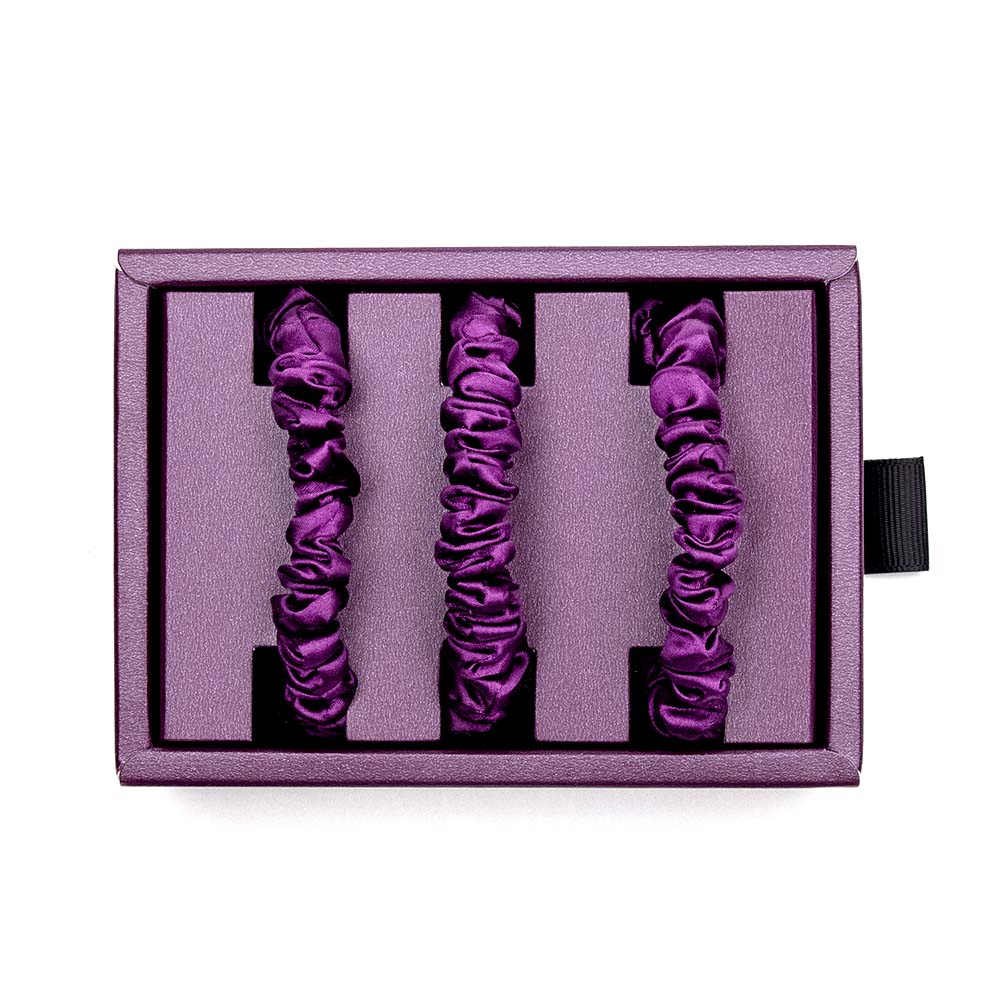 Blissy Royal Purple Blissy Skinny Scrunchies Lifestyle – Mulberry Silk