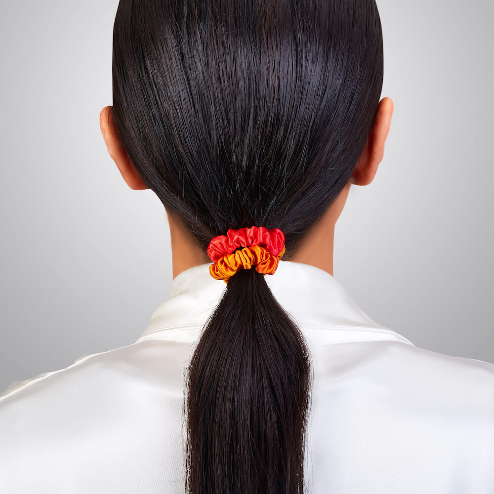 Orange Ombre Blissy Skinny Scrunchies Close-Up – Blissy 22 Momme Silk