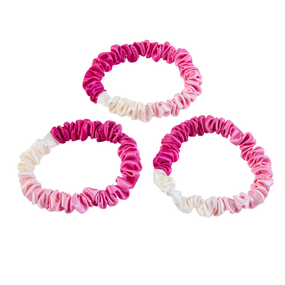 Pink Ombre Blissy Skinny Scrunchies Close-Up – Blissy 22 Momme Silk