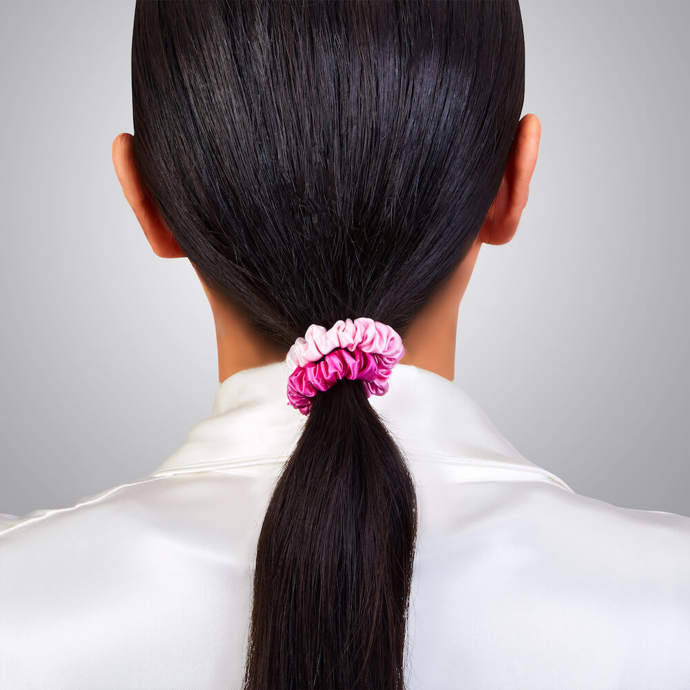 Pink Ombre Blissy Skinny Scrunchies Close-Up – Blissy 22 Momme Silk