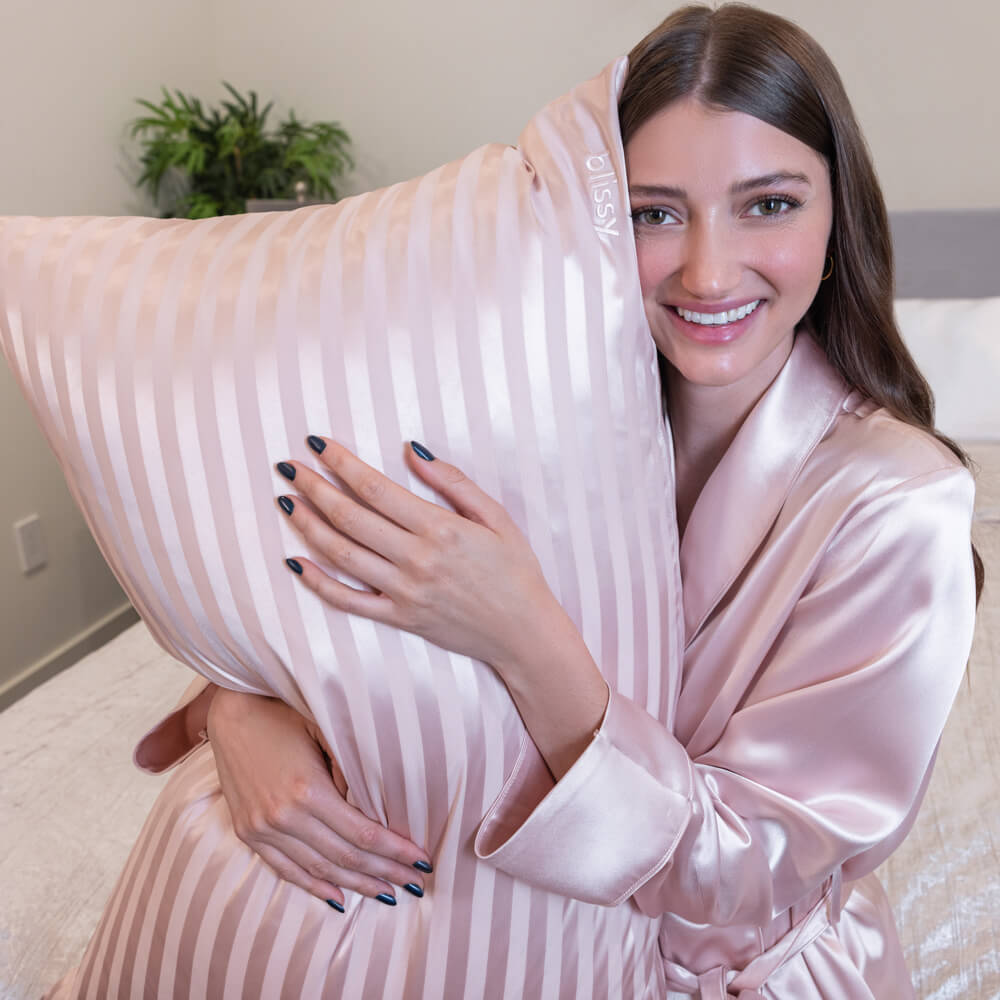 Blissy Standard Pink Striped Pillowcase Lifestyle – Mulberry Silk
