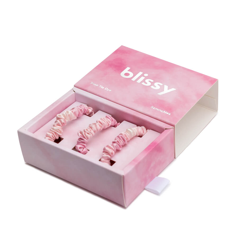 Blissy Pink Tie-Dye Blissy Skinny Scrunchies – 22 Momme Mulberry Silk, 100% Silk