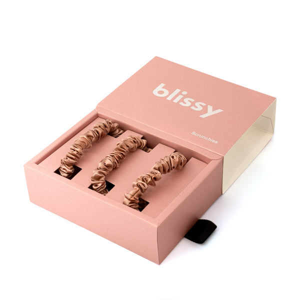 Blissy Rose Gold Blissy Skinny Scrunchies – 22 Momme Mulberry Silk, 100% Silk